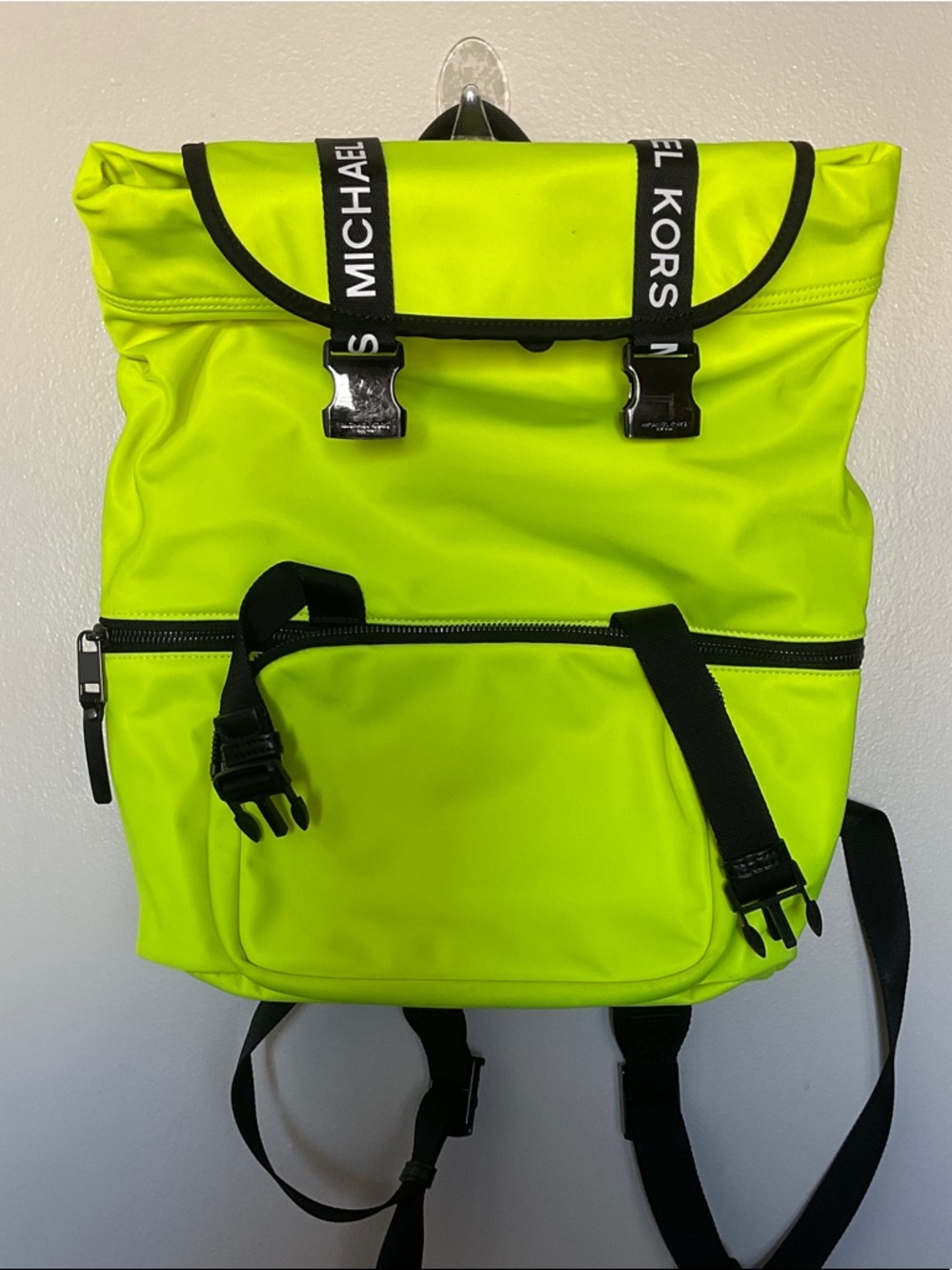 Michael Kors Neon Yellow Roll-Top Backpack with Black Straps